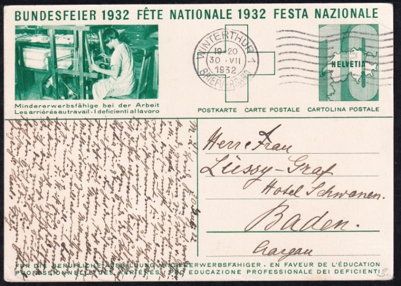 Schweiz Bundesfeierkarten 1932 Rütlischwur 10 Rp., Frau am Webstuhl