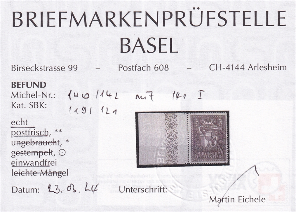 Liechtenstein 1933 Serie Mi. Nr. 140 bis 142 postfrisch ** mit Bogenrand bzw. Bogenecken – Bild 2