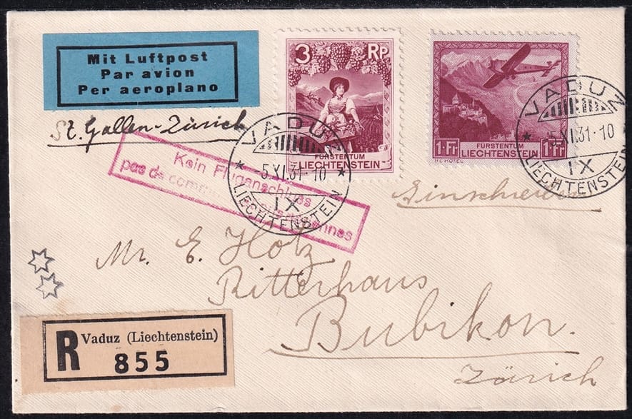 Liechtenstein, Flugpost, St.Gallen-Zürich, mit rotem Vermerkstempel "KEIN FLUGANSCHLUSS", V 28