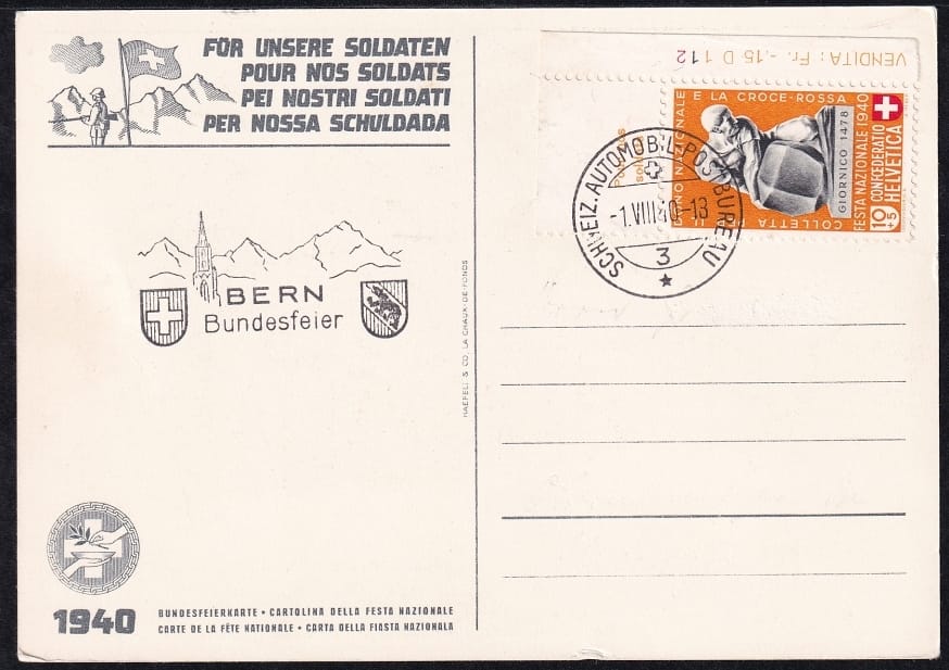 Schweiz Bundesfeierkarten 1940, Knabe mit Armbrust, gestempelt 1.8. Automobilpost Bern Stempel schwarz