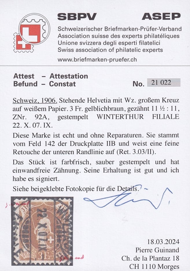 Schweiz stehende Helvetia 1906 Nr. 92A Ret. 3.03/II gestempelt Vollstempel WINTERTHUR – Bild 2