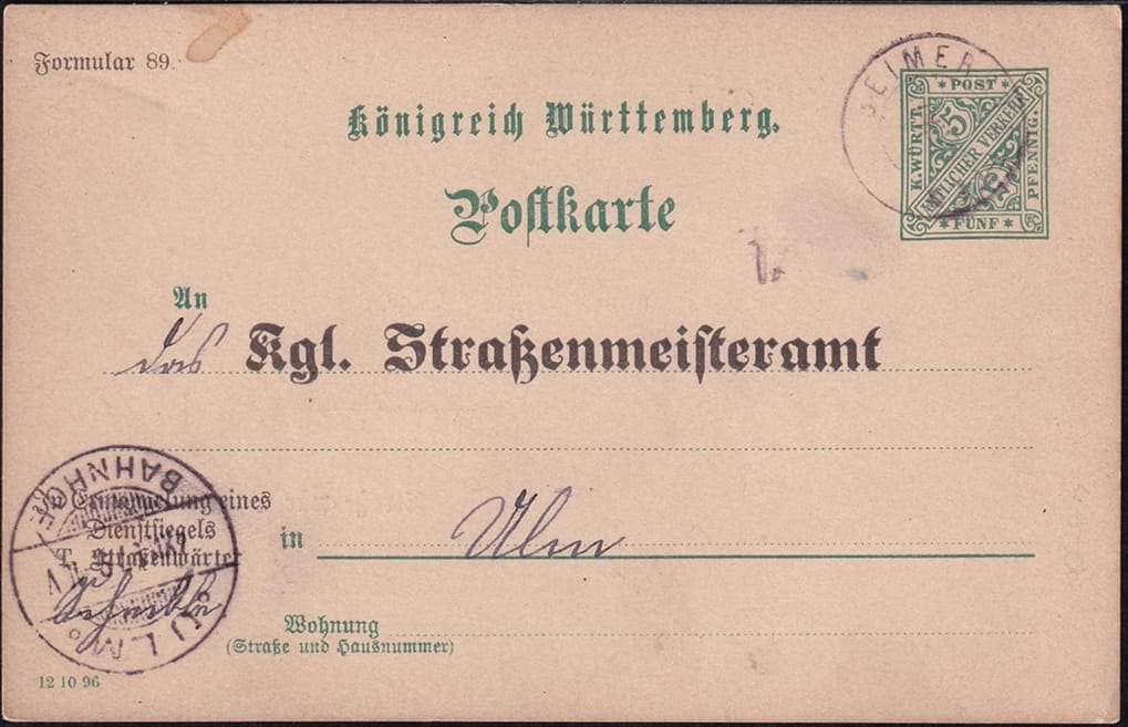 Deutschland, Altdeutschland, Württemberg, Dienstpostkarte DP 27