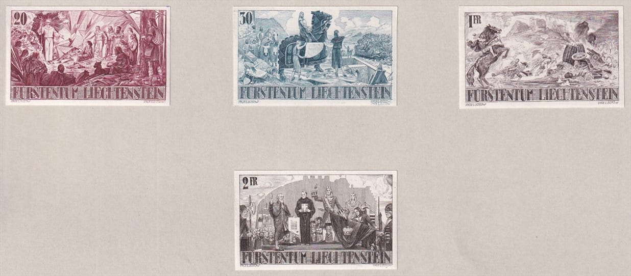Liechtenstein 1942 Freimarken Nr. 202, 203, 205 und 206 P - Probedrucke - Einzelabzüge auf Bogen