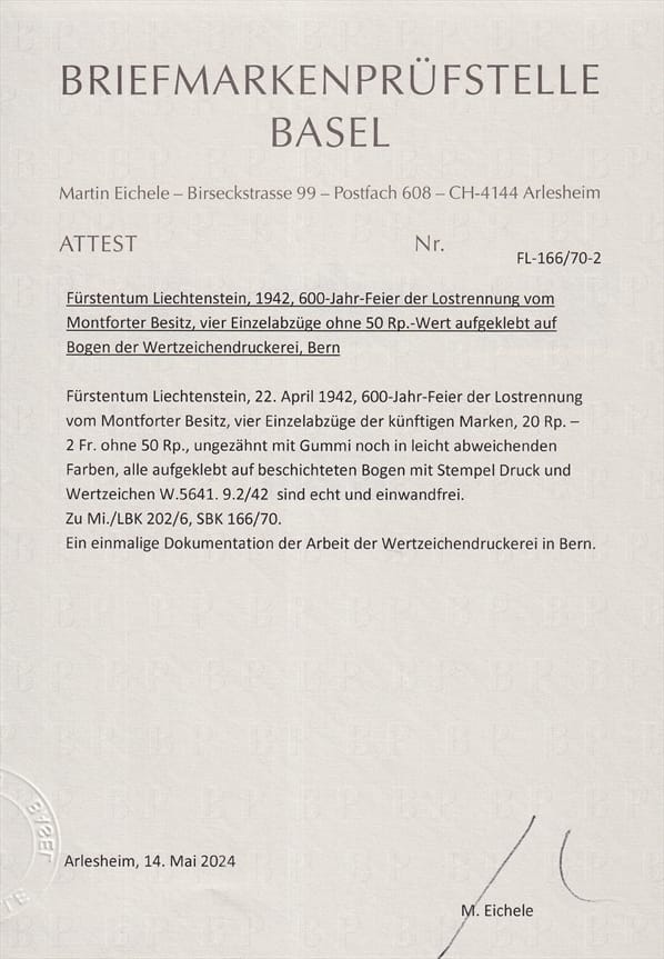 Liechtenstein 1942 Freimarken Nr. 202, 203, 205 und 206 P - Probedrucke - Einzelabzüge auf Bogen – Bild 4