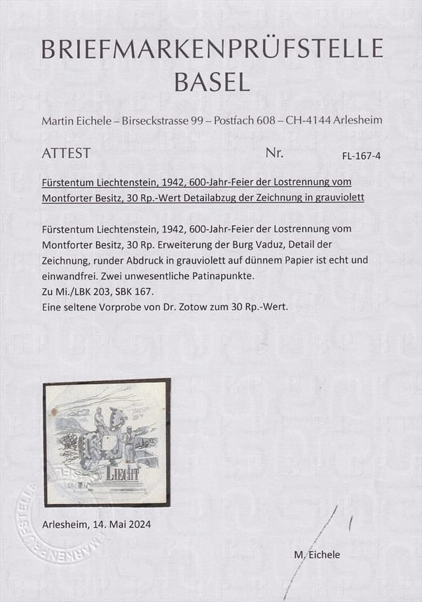 Liechtenstein 1942 Mi. Nr. 203 ungezähnte Vorprobe von Dr. Zotow in grauviolett ohne Gummi – Bild 2