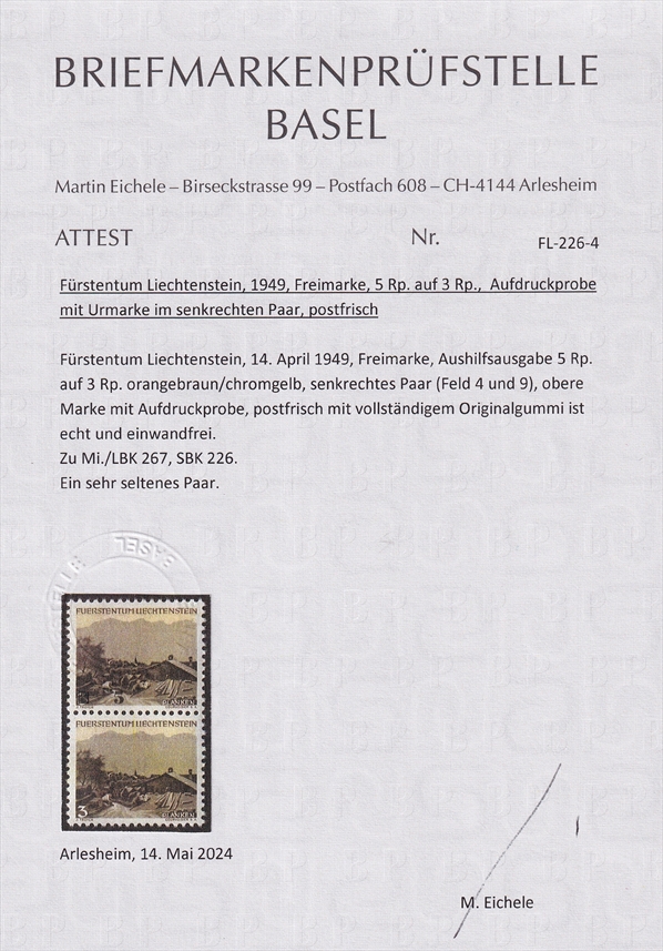 Liechtenstein 1949 Mi. Nr. 267 - Aufdruckprobe mit Urmarke als Paar – Bild 2