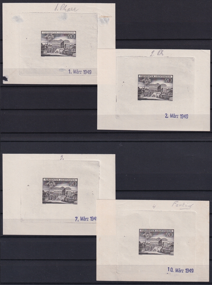 Liechtenstein 1949 Mi. Nr. 281 ungezähnter Werdegang in 4 Phasen als Einzelabzüge in Schwarz