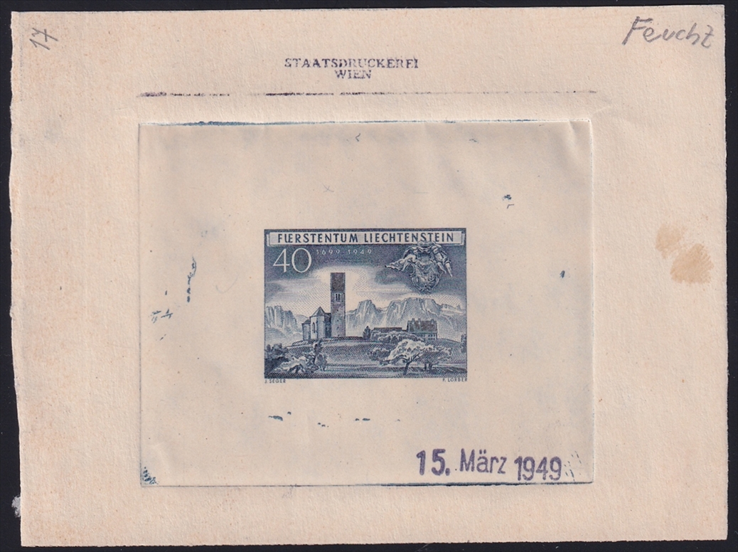 Liechtenstein 1949 Mi. Nr. 282 ungezähnte 4. Phase als Einzelabzug auf kalkbeschichtetem Papier in Farbe