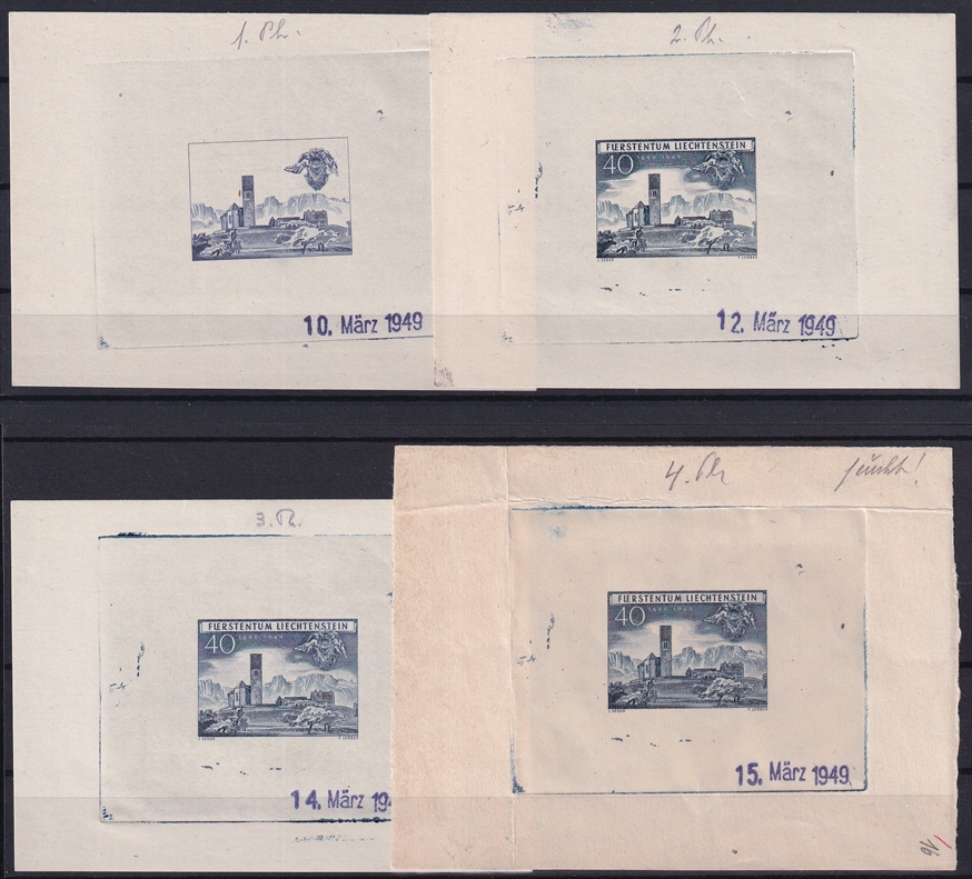 Liechtenstein 1949 Mi. Nr. 282 ungezähnter Werdegang in 4 Phasen als Einzelabzüge in verausgabter Farbe