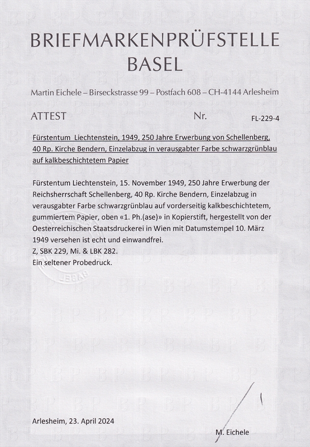 Liechtenstein 1949 Mi. Nr. 282 ungezähnter Werdegang in 4 Phasen als Einzelabzüge in verausgabter Farbe – Bild 3