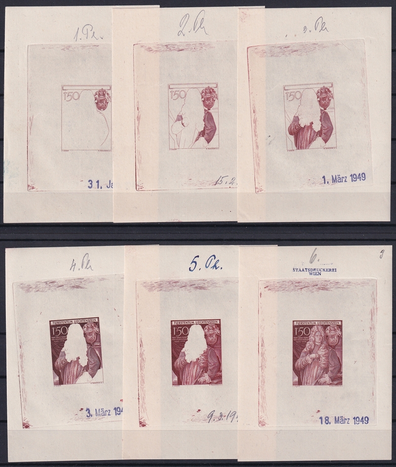 Liechtenstein 1949 Mi. Nr. 283 ungezähnter Werdegang in 6 Phasen als gummierte Einzelabzüge in verausgabter Farbe