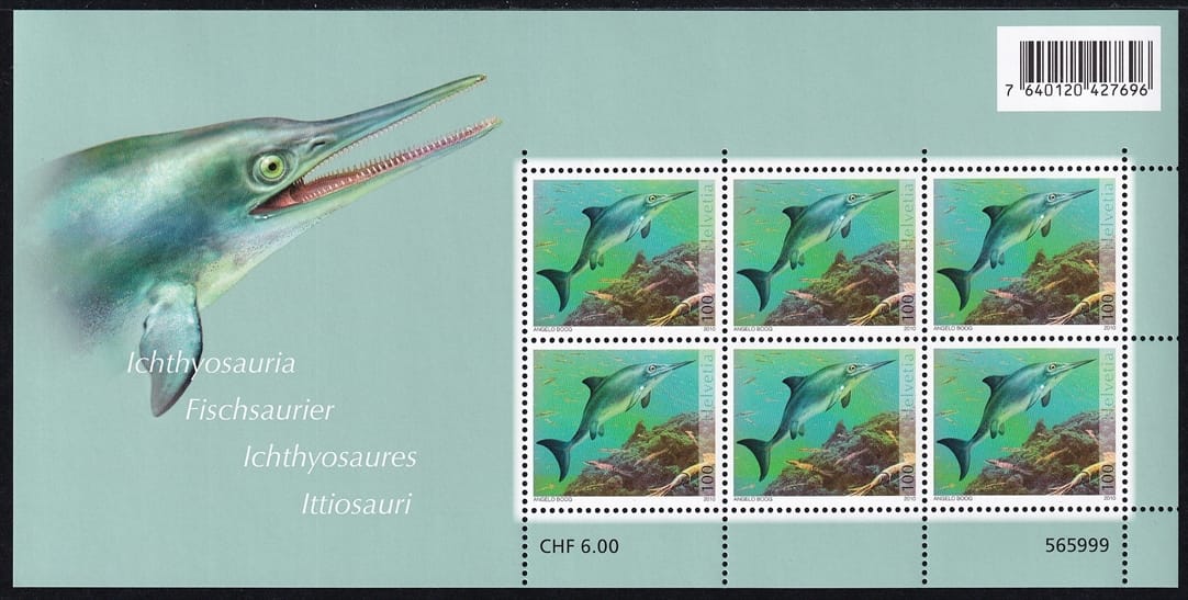 Schweiz 2010 SBK Nr. 1360 "Sauriervorkommen in der Schweiz - Fischsaurier" Kleinbogen postfrisch