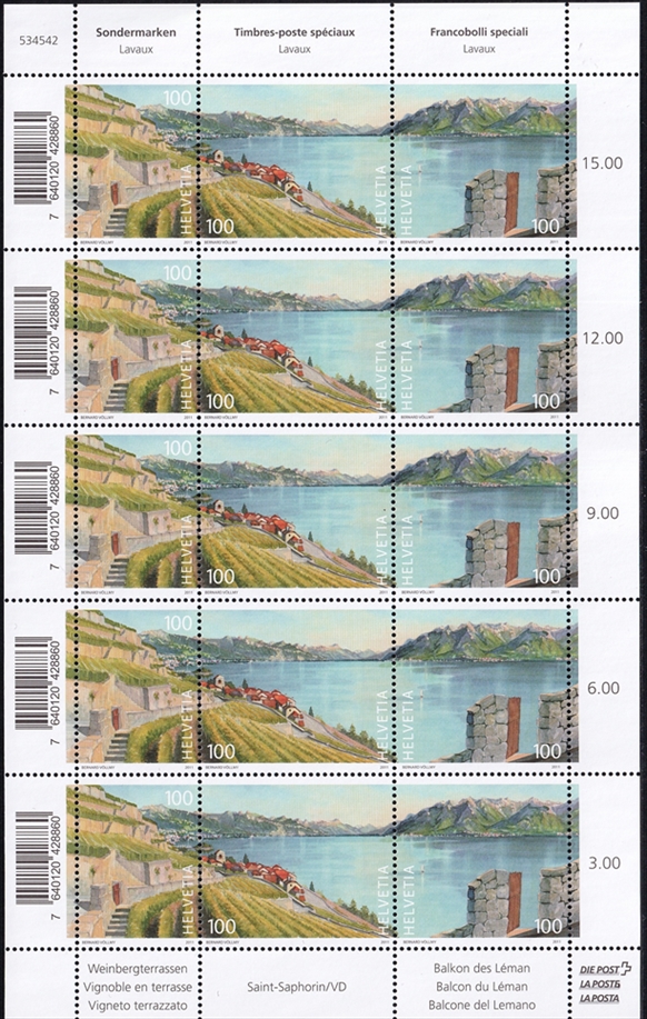 Schweiz 2011 SBK Nr. 1397 bis 1399 "Lavaux - UNESCO Welterbe" Kleinbogen postfrisch