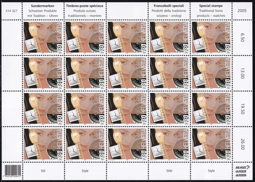 Schweiz 2005 SBK Nr. 1178 "Schweizer Produkte mit Tradition - Uhren - Stil" 20er Bogen CHF 1.30er postfrisch zum Frankieren