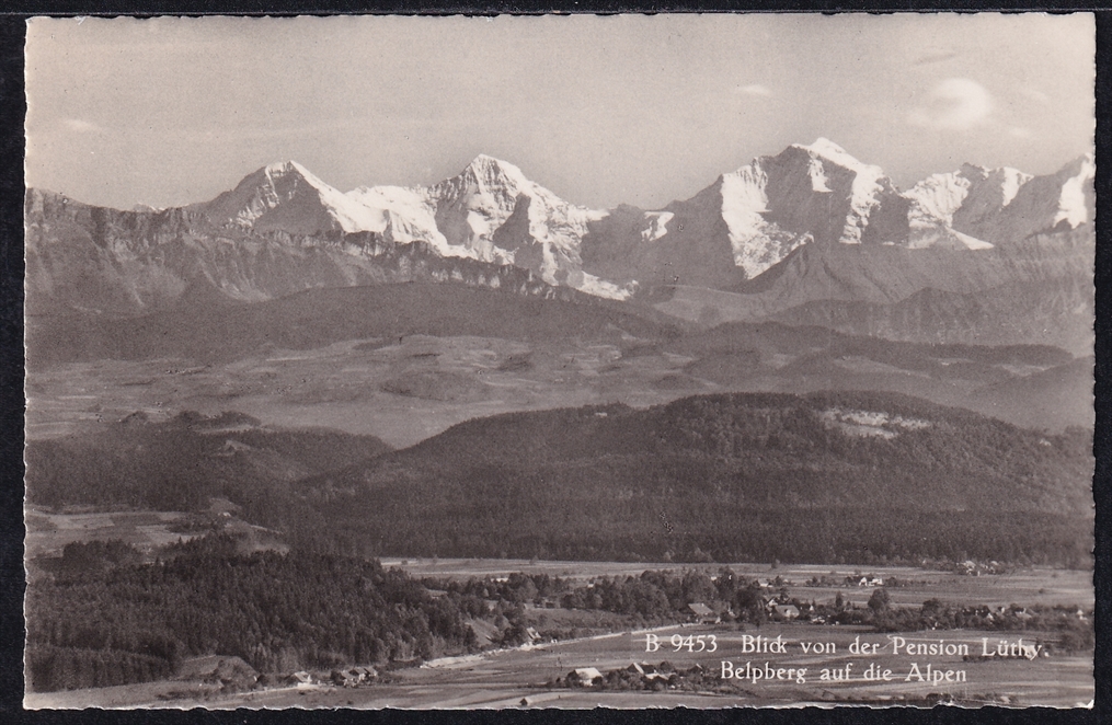 Ansichtskarten Schweiz 1954, Blick von der Pension Lüthy, Belpberg, auf die Alpen