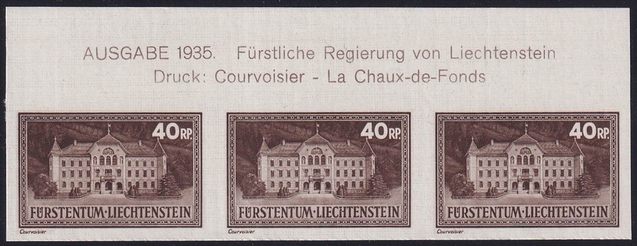 Liechtenstein 1934 Mi. Nr. 134 U - 3er Streifen ungezähnt postfrisch ** Bogenrand oben mit Beschriftung