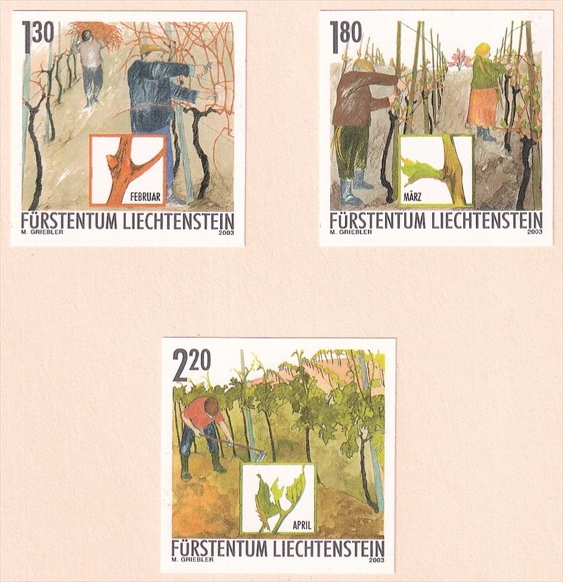 Liechtenstein 2003 Mi. Nr. 1311, 1312 und 1313 "Das Jahr des Winzers I" ungezähnte Probedrucke ungebraucht