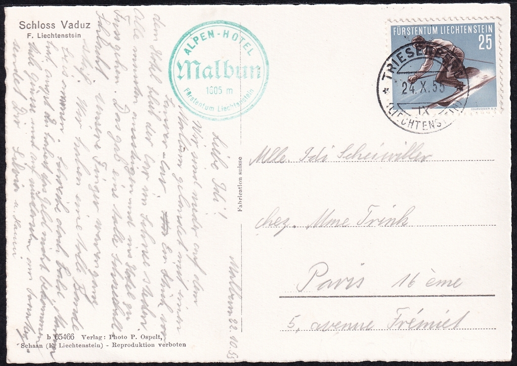 Liechtenstein, Freimarken, Nr.336, Sport, auf Karte nach Paris