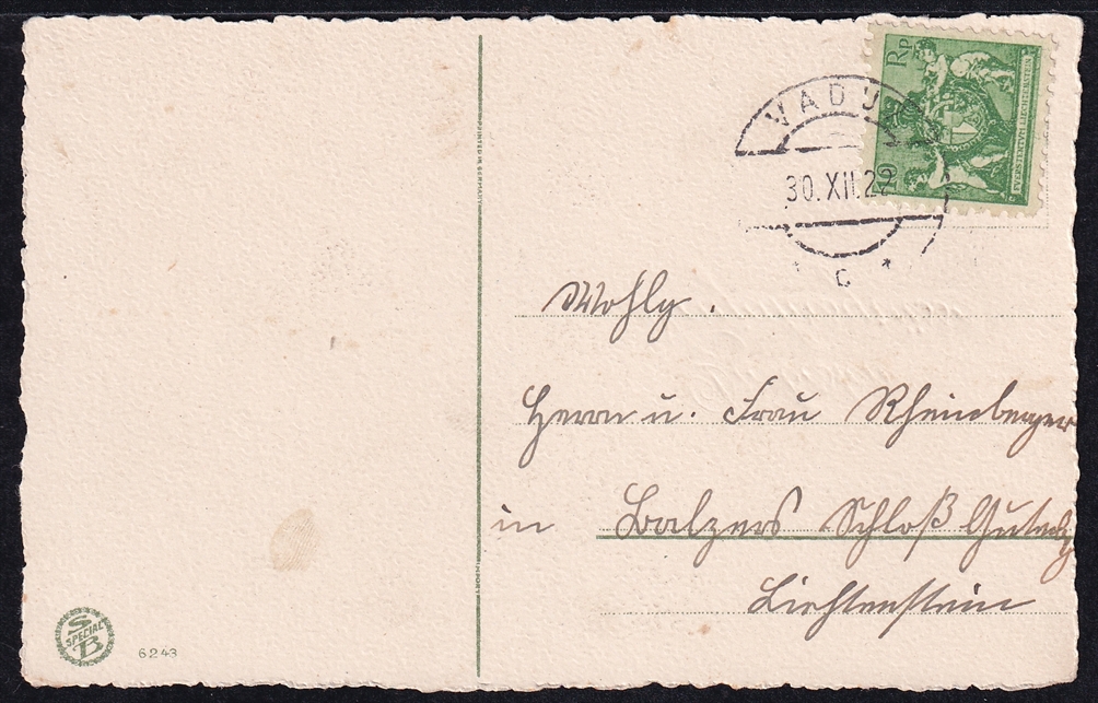 Liechtenstein, Freimarken, Nr.50A auf Neujahrskarte nach Balzers