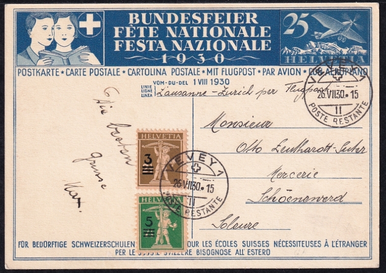 Schweiz Bundesfeierkarten 1930 Augustfeuer, 25Rp.blau, Flug Lausanne-Zürich, mit Zusatzfrankatur