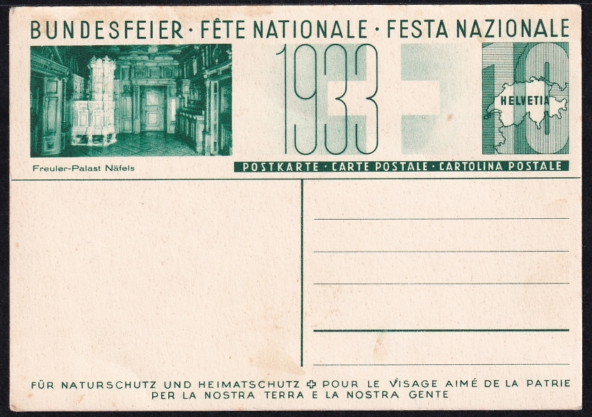 Schweiz Bundesfeierkarten 1933 Walliserin, 10 Rp. Freuler-Palast in Näfels, nicht gelaufen