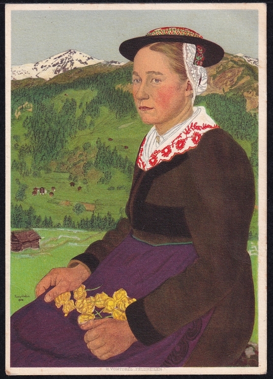 Schweiz Bundesfeierkarten 1933 Walliserin, 10 Rp. Freuler-Palast in Näfels, nicht gelaufen – Bild 2