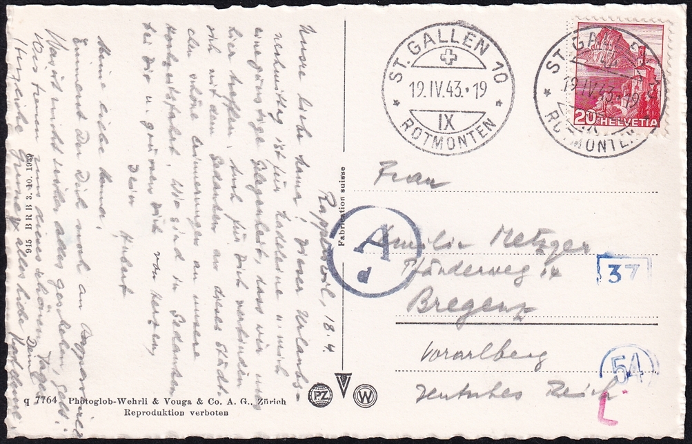 Grenzrayon Ansichtskarte "Rapperswil" 1943 SBK Nr. 215