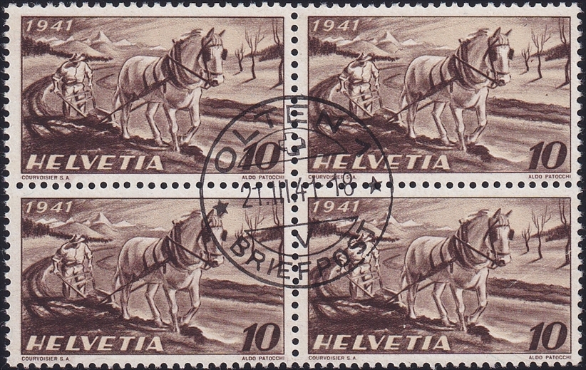 Schweiz 1941 SBK Nr. 252 4er Block gestempelt Ersttag