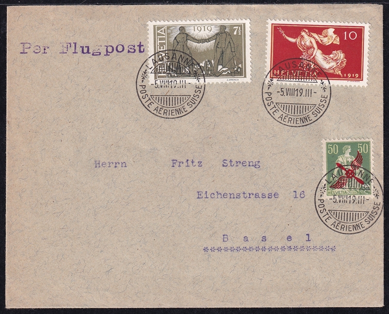 Schweiz, Flugpost, Nr.2 mit 143/144 auf Flugbrief nach Basel, Marken verbotenerweise mit LAUSANNE POSTE ARIENNE SUISSE entwertet