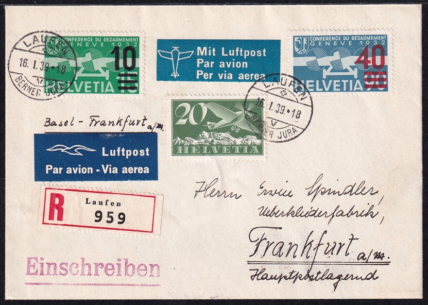 Schweiz, Flugpost, Nr.24, portogerecht auf R-Luftpostbrief nach Frankfurt