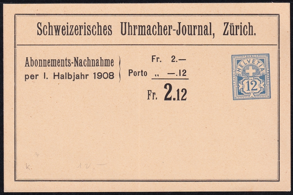 Schweiz, Ganzsachen, Privatganzsachen, PPK 004, 12Rp.blau Ziffermuster