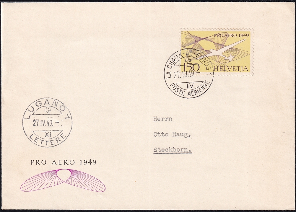 Schweiz, Sonderflüge Pro Aero 1949, La-Chaux-de-Fonds - Lugano, SF49.4b
