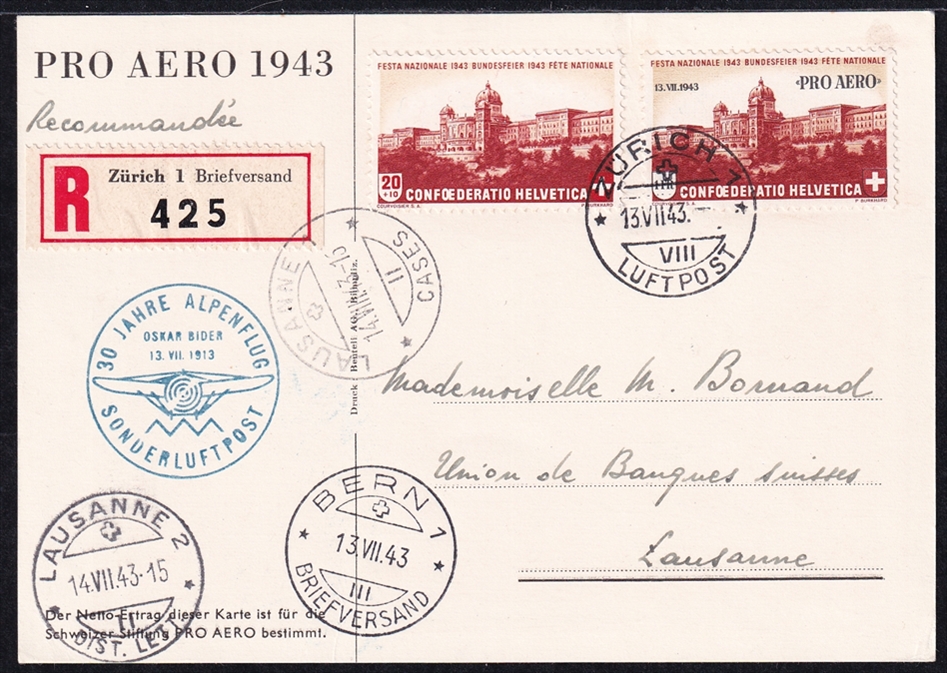 Schweiz, Sonderflüge, Pro Aero, SF43.1, Zürich-Bern, Bider-Karte, deutsch, R-Karte