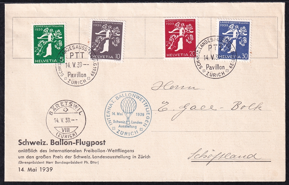Schweiz, Sonderflüge, SF39.3, Zürich-Bäretswil, frankiert mit Nr.228-231
