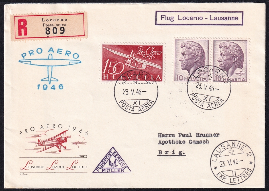 Schweiz, Sonderflüge, SF46.12f, Locarno-Lausanne, R-Brief