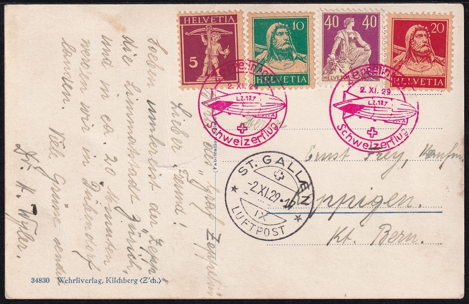 Schweiz, Zeppelinflüge, 1929, Sonderabfertigung Dübendorf-St.Gallen, ZF18D, Vierfarbenfrankatur