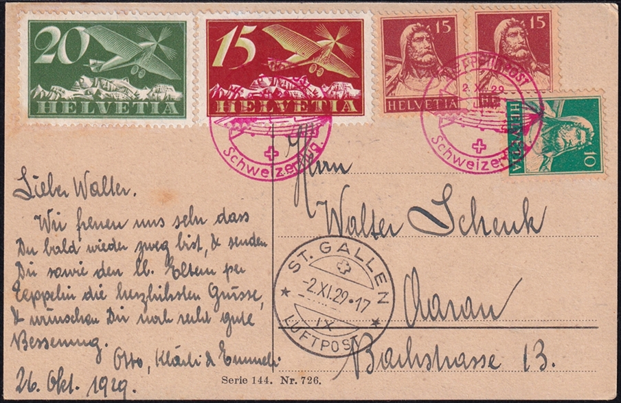 Schweiz, Zeppelinflüge, 1929, Sonderabfertigung Dübendorf-St.Gallen, ZF18D, Vierfarbenfrankatur