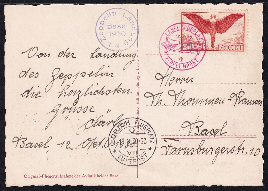 Schweiz, Zeppelinflüge, 1930, Sonderabfertigung Basel-Zürich, ZF38D, auf passender Zeppelin Karte