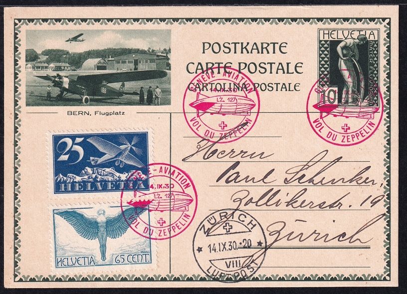 Schweiz, Zeppelinflüge, 1930, Sonderabfertigung Genf-Zürich, ZF33B, gute Frankatur auf Postkarte Nr.122/003a