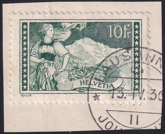 Schweiz, Freimarken, Gebirgslandschaften, Nr.179, 10Fr.grün, sauber gestempelt LAUSANNE
