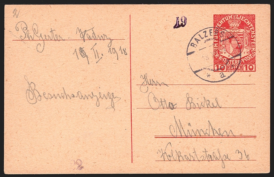 Liechtenstein Ganzsachen 1918 "POSTKARTE" Mi. Nr. P1 gestempelt BALZERS frühes Datum