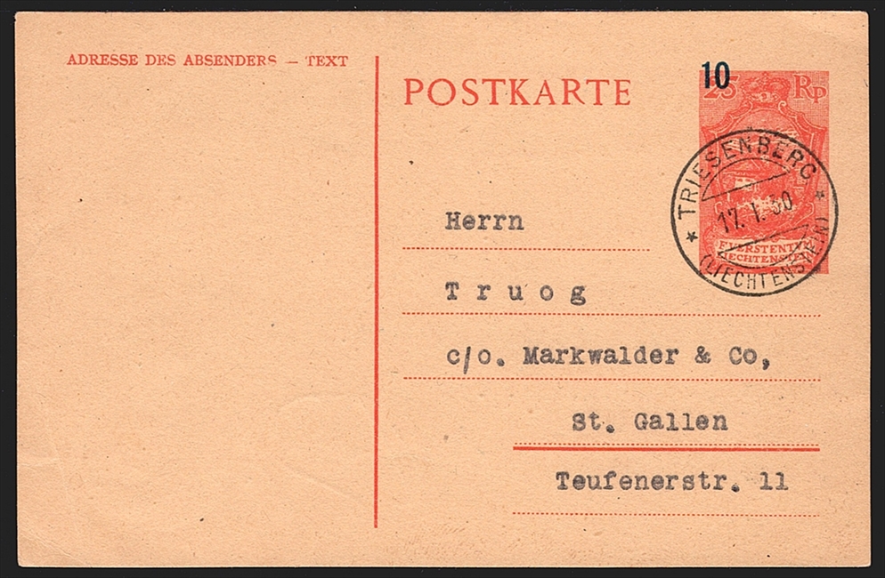 Liechtenstein Ganzsachen 1929 "POSTKARTE" Mi. Nr. P5 gestempelt TRIESENBERG
