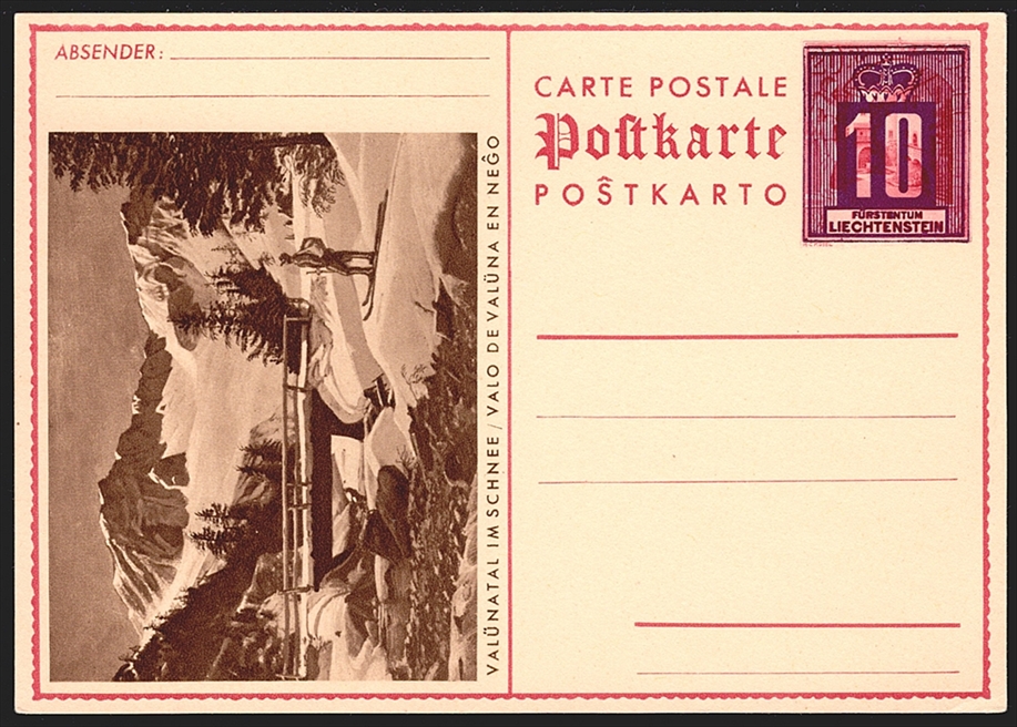 Liechtenstein Ganzsachen 1937 "POSTKARTE" Mi. Nr. P16/09 "Valünatal im Schnee" ungebraucht