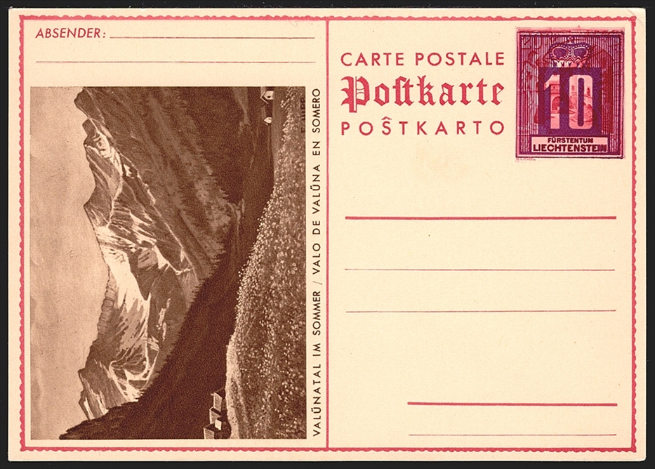 Liechtenstein Ganzsachen 1937 "POSTKARTE" Mi. Nr. P16/10 "Valünatal im Sommer" ungebraucht