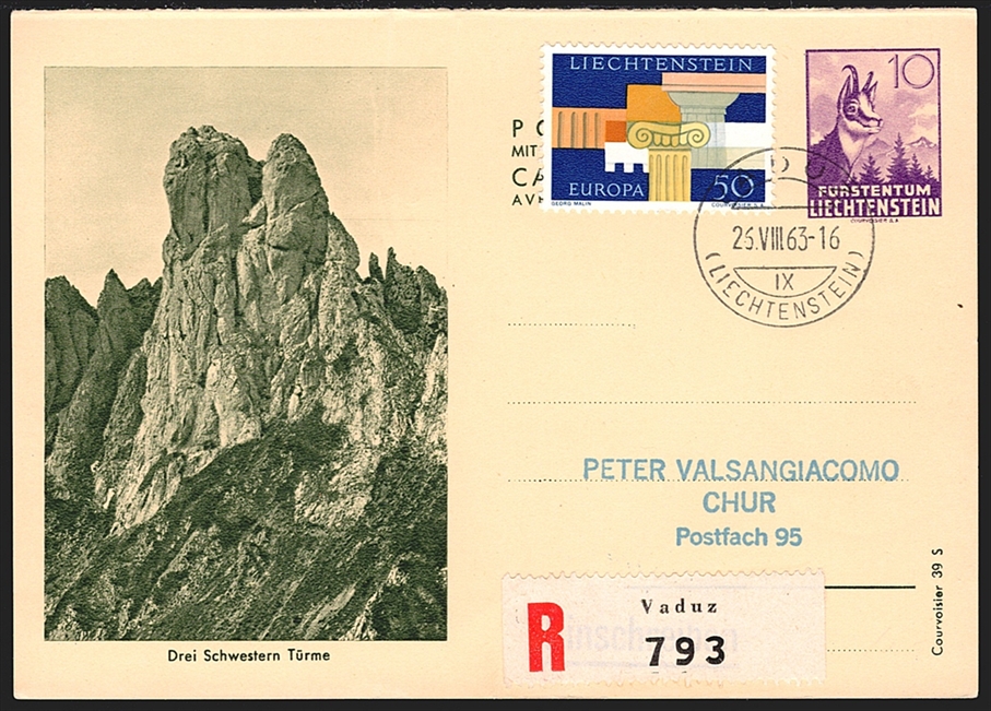 Liechtenstein Ganzsachen 1940 "POSTKARTE" Mi. Nr. P21 F "Drei Schwestern Türme" gestempelt VADUZ mit Zusatzfrankatur