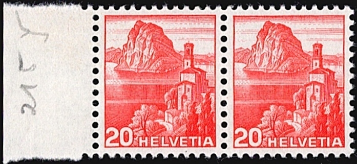 Schweiz, Freimarken, Landschaftsbilder, 1938, Nr.215yRM, 20Rp. glattes Papier, waagrechter Paar mit Nr.J/K 4870