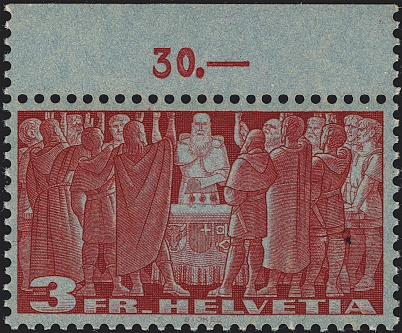 Schweiz, Freimarken, Symbolische Darstellungen, 1938, Nr.216v, 3Fr.. lichtempfindliches Papier, oberer Bogenrand