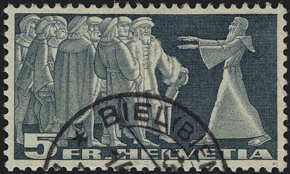 Schweiz, Freimarken, Symbolische Darstellungen, 1938, Nr.217v, 5Fr. lichtempfindliches Papier, sauber gestempelt BIEL
