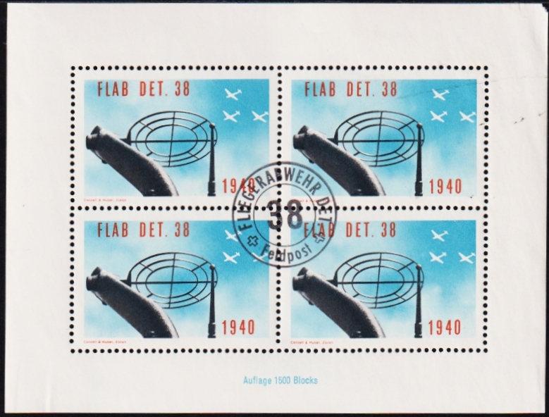 Schweiz, Soldatenmarken, Fliegerabwehr, Flab Det.38, Nr.66, gezähnter Block, je postfrisch und mit passendem Truppenstempel – Bild 2