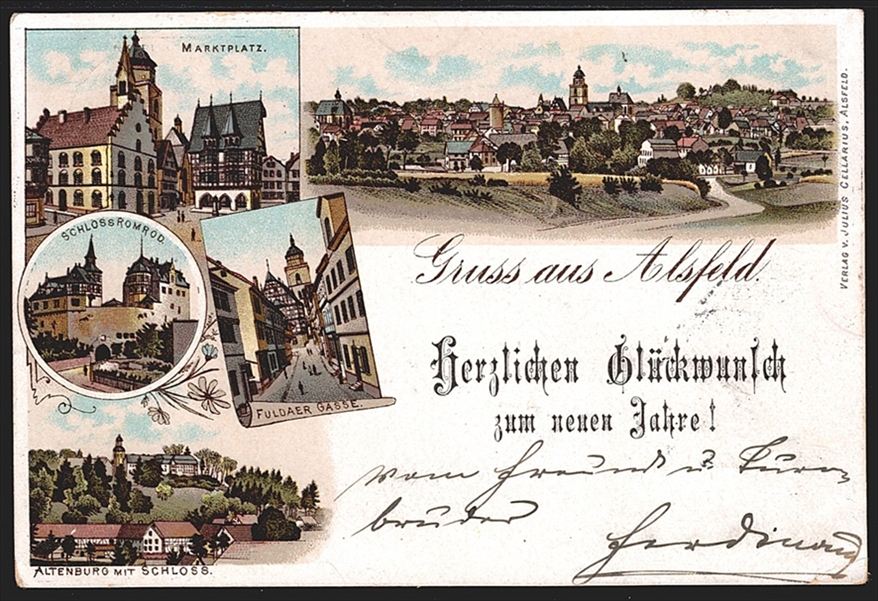 Deutschland, Lithographien, Gruss aus ALSFELD Herzlichen Glückwunsch zum neuen Jahre, 5 Bilder, 1897